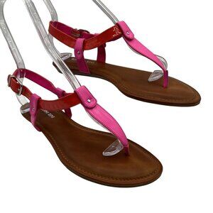 Gianni Bini Womens 9M Pink Leather Sandals Logo Buckle T Strap Flat Shoes Beachy